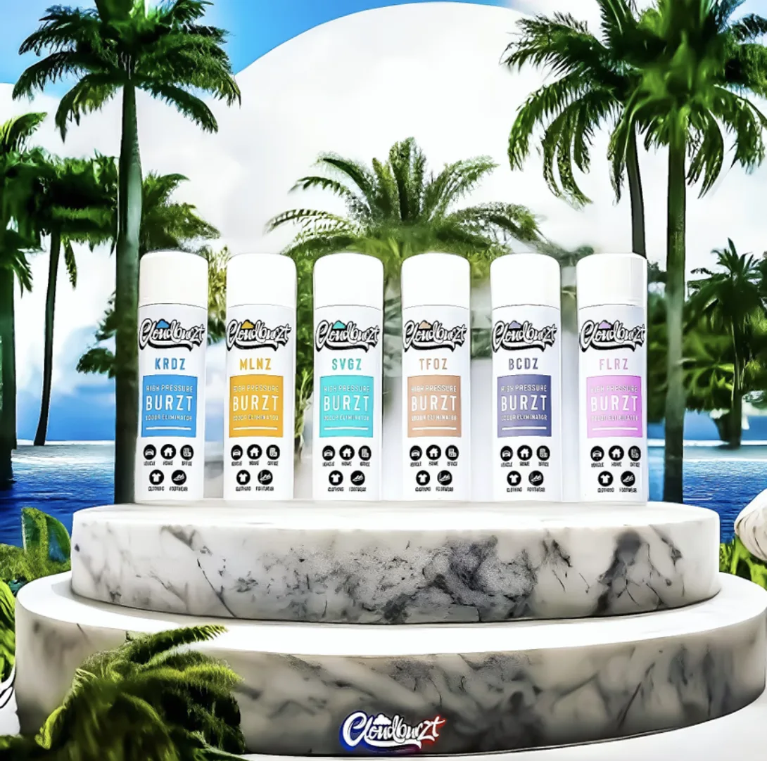 Odour eliminator product lineup graphic with palm backdrop