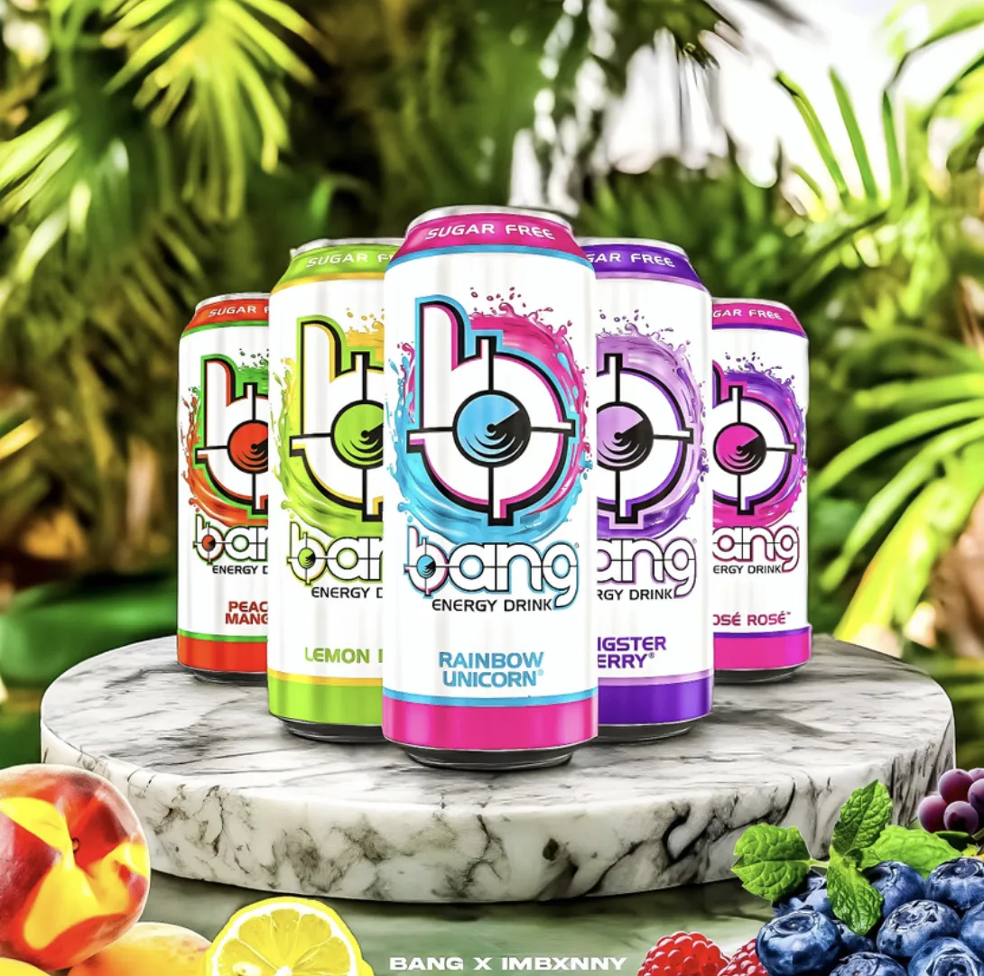 Energy drink brand collaboration graphic on a marble podium
