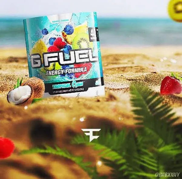 Energy formula product campaign graphic on a beach
